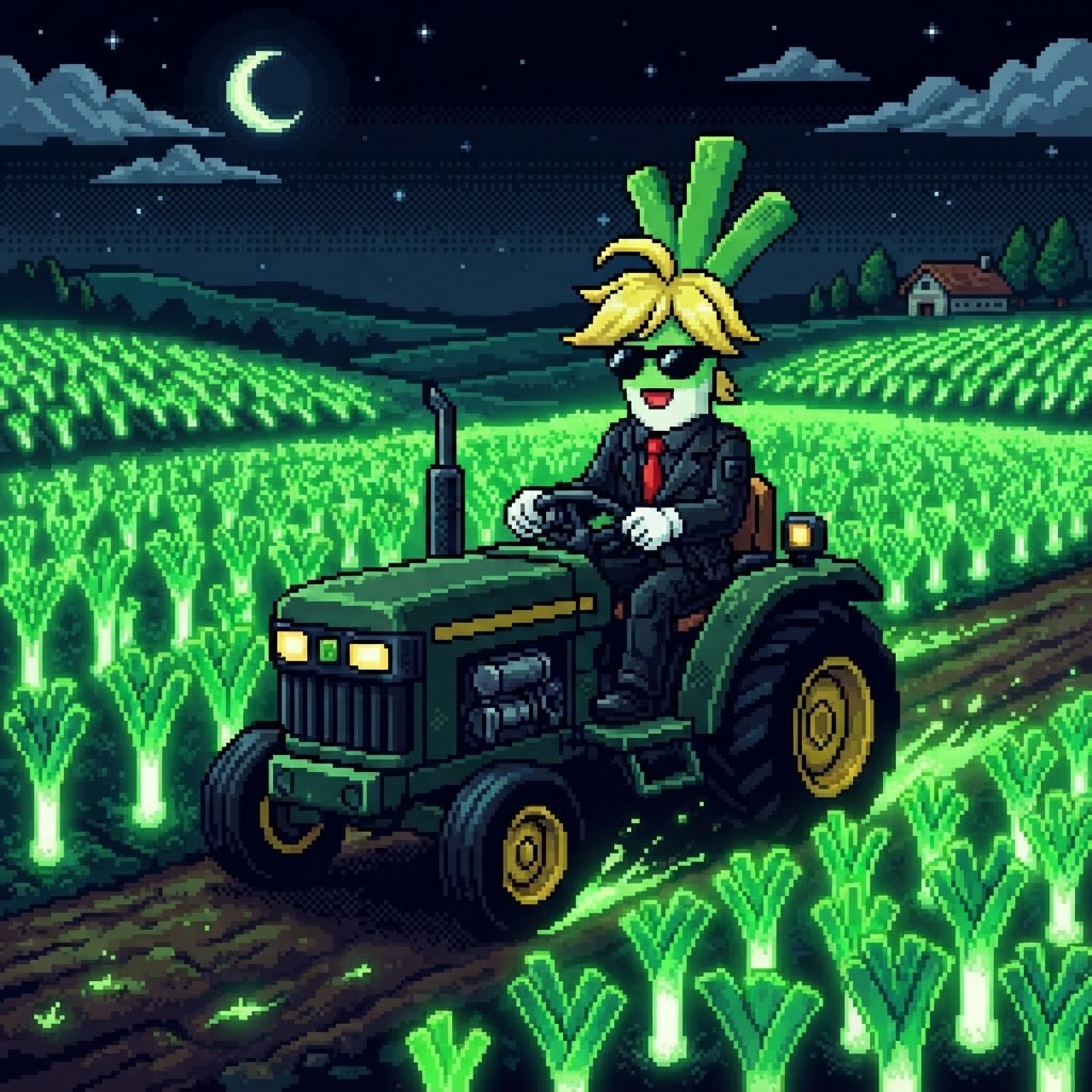 Pixel art leek character driving a tractor through a field of leeks