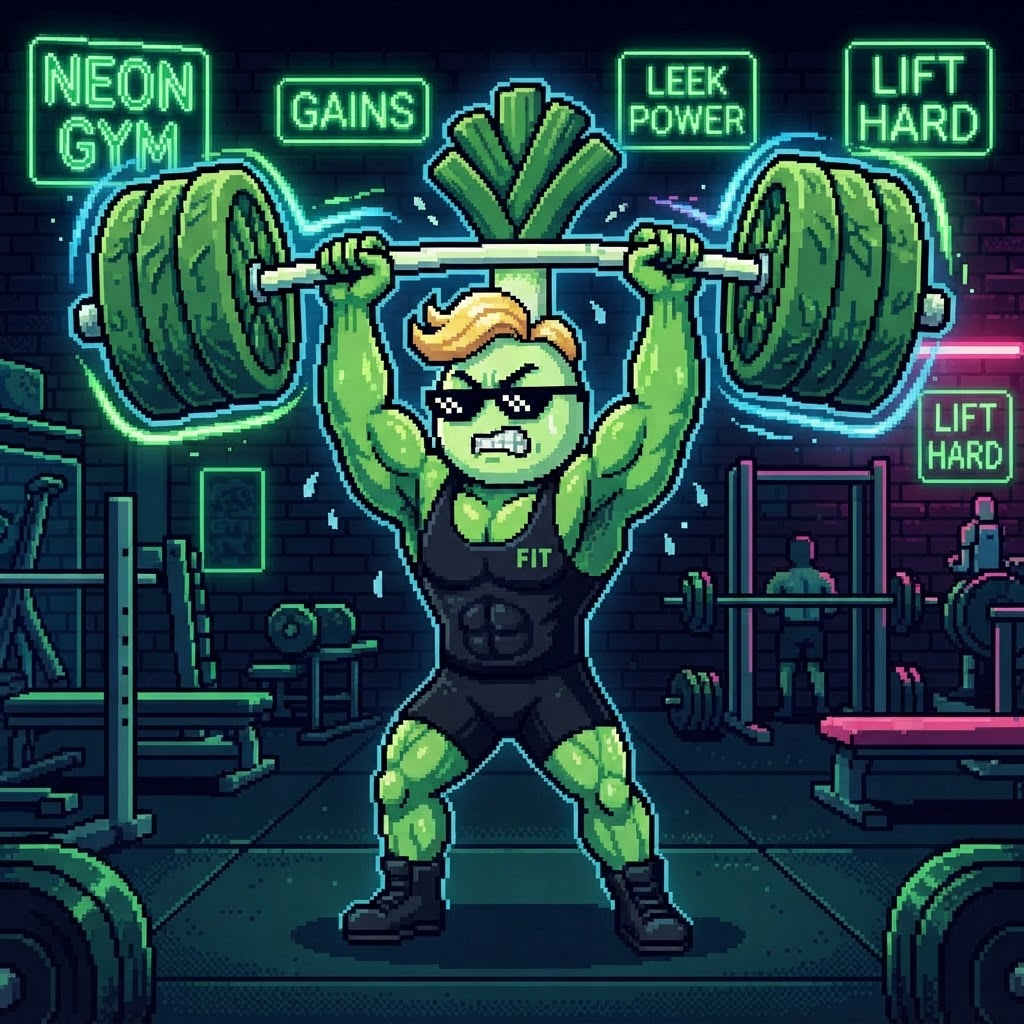 Pixel art leek character lifting a barbell made of leeks