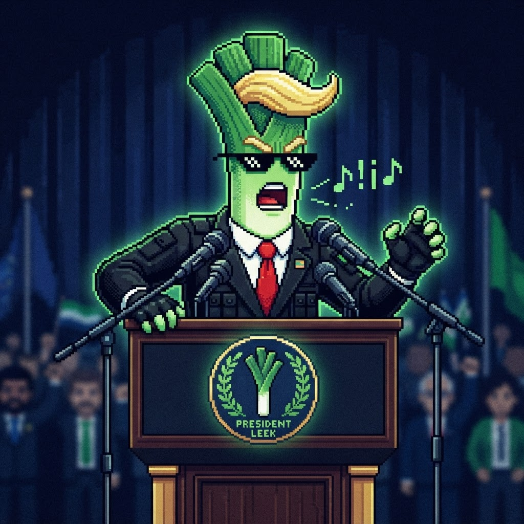 Pixel art leek character speaking behind a presidential podium