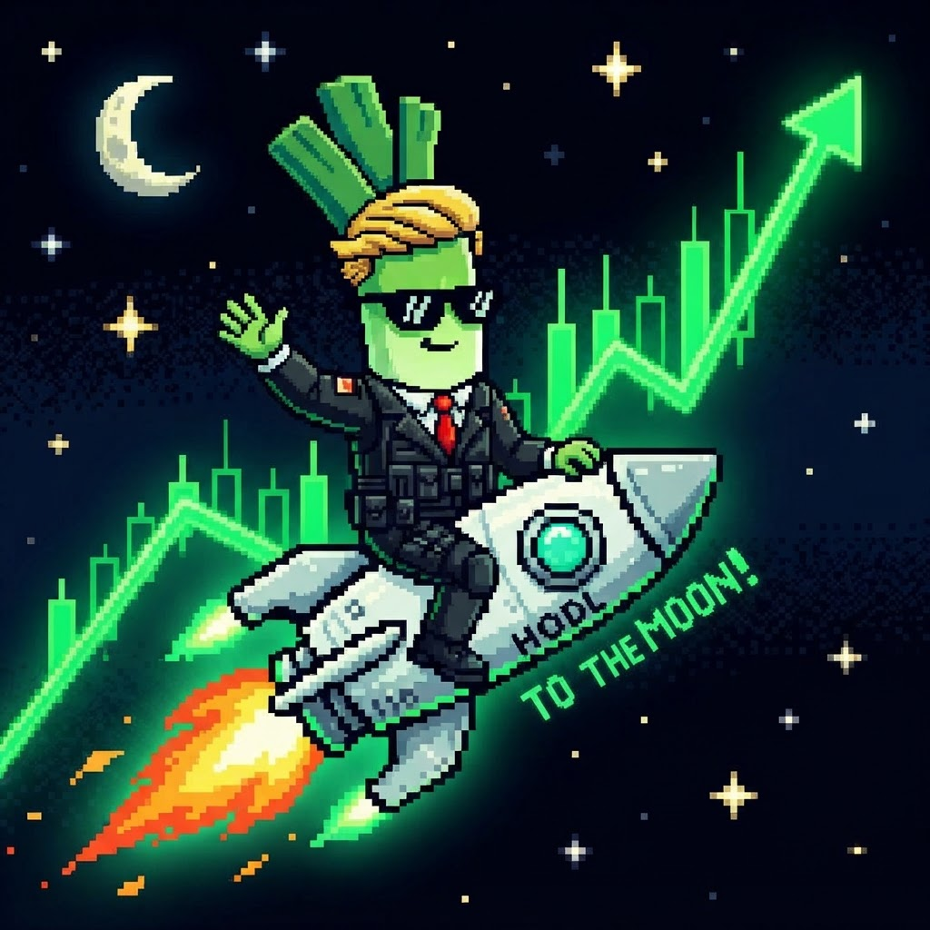 Pixel art leek character riding a rocket past green candles