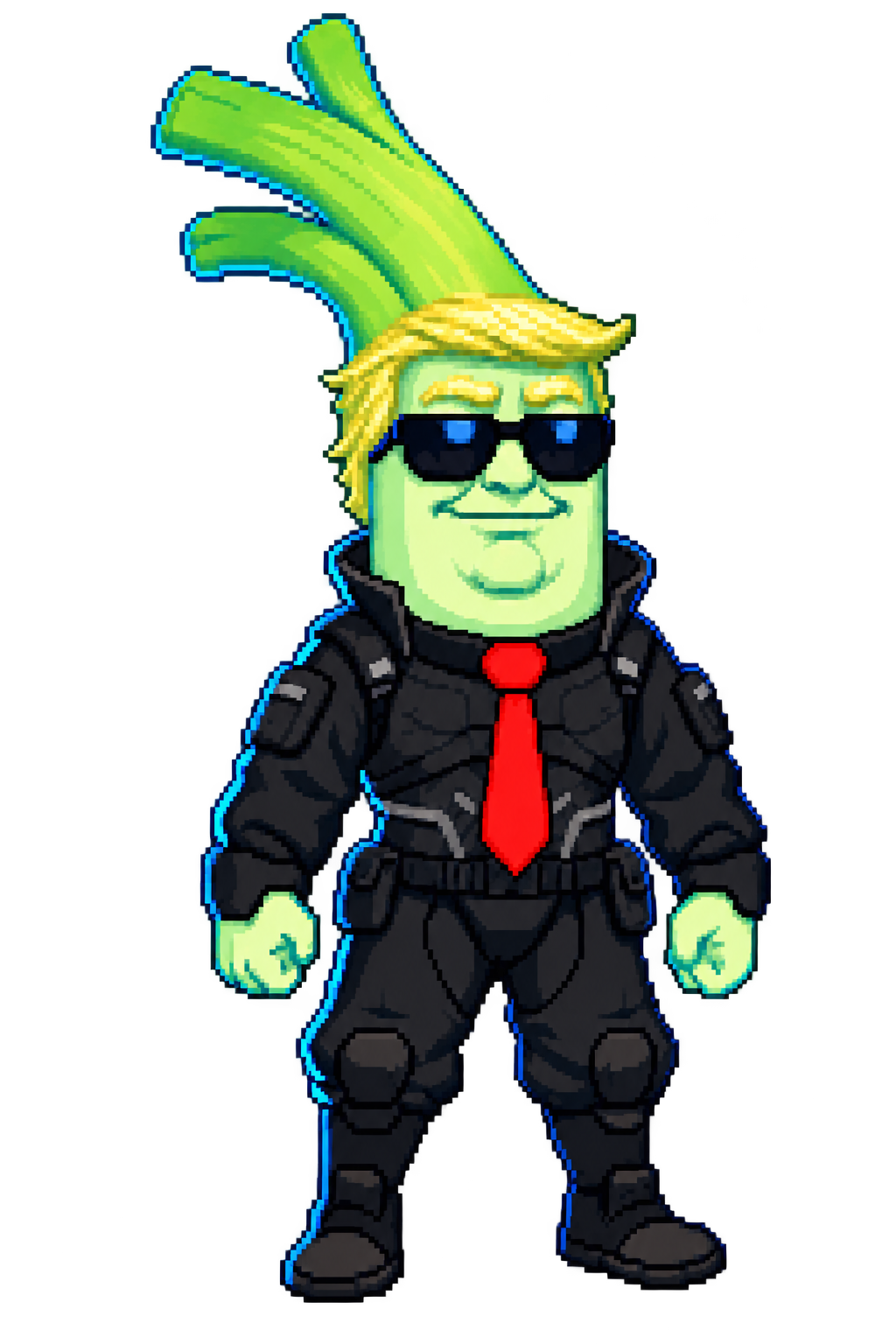 TRUMPLEEK, a pixel-art leek in a black tactical suit and red tie